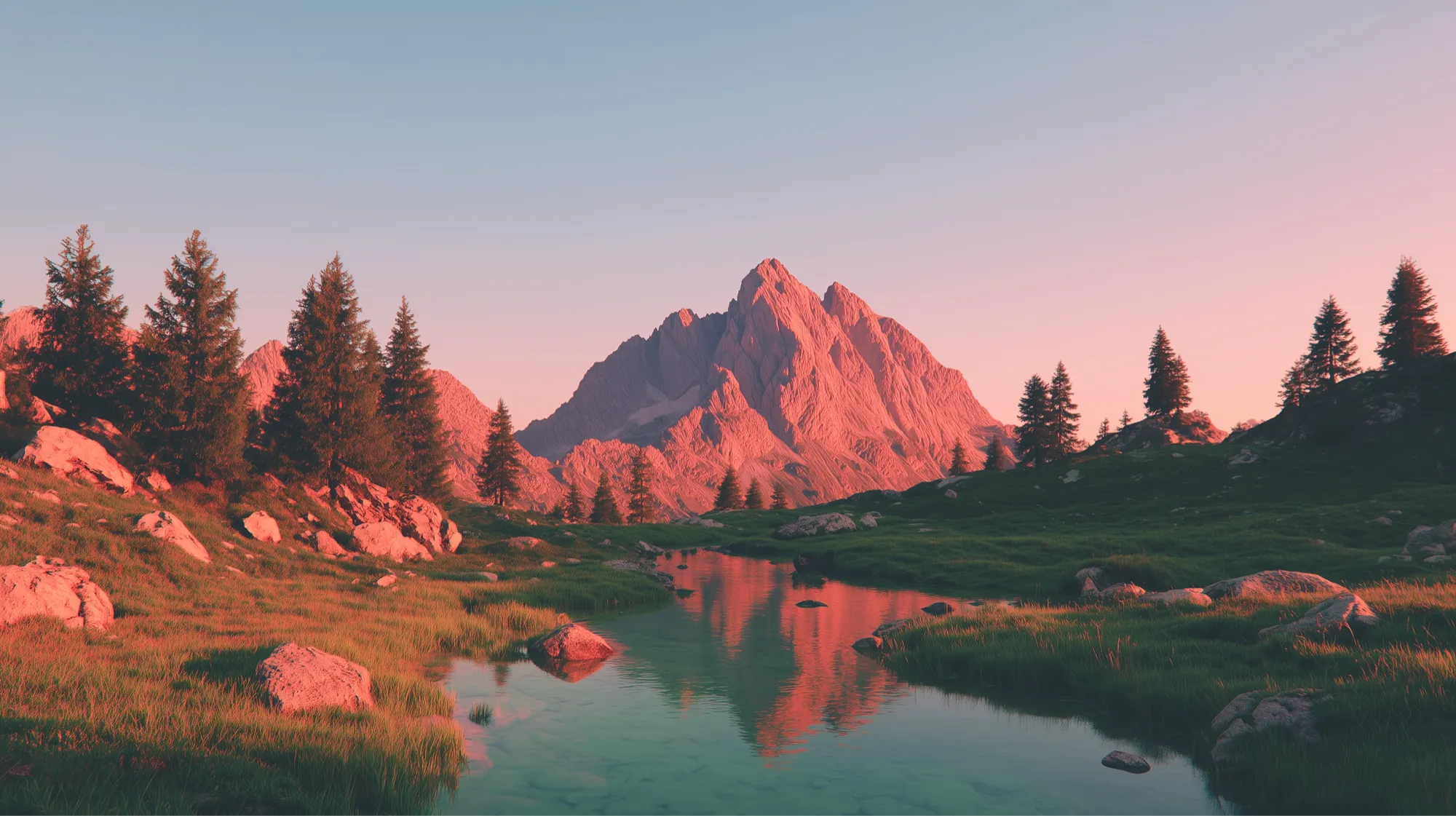 A calm mountain lake at sunrise