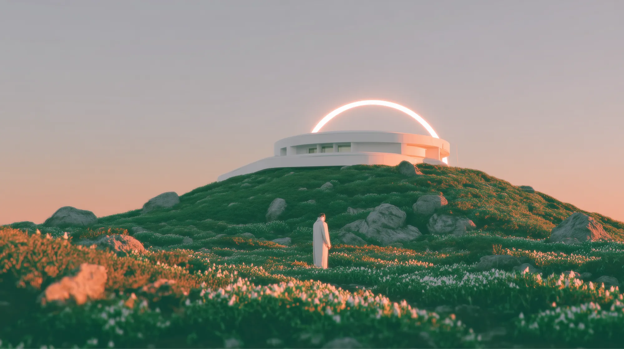 A glowing observatory on a green hill at dusk