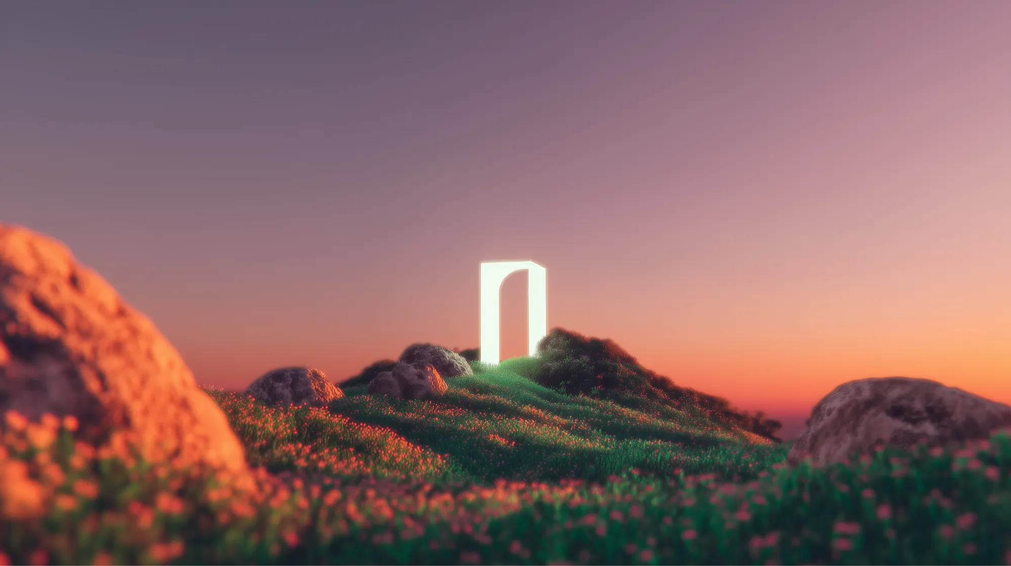 A glowing arch on a flowered hill at dusk