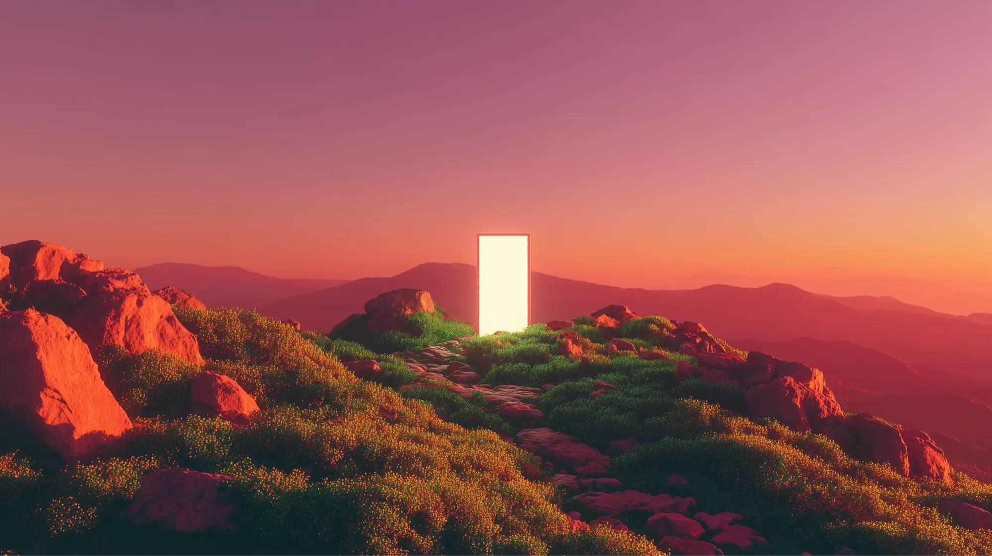 A glowing portal on a mountain ridge at sunset