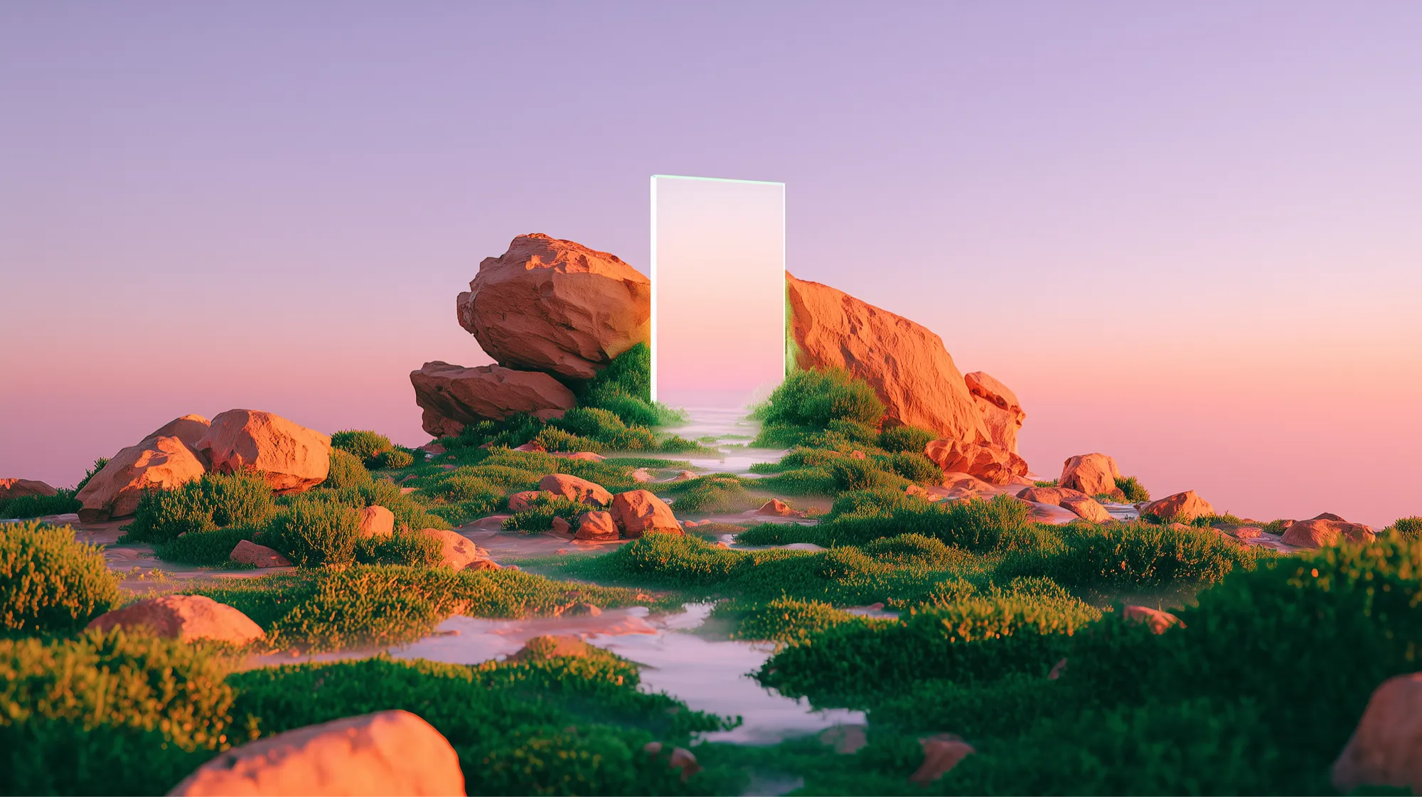 A glowing doorway standing between rocks at sunset